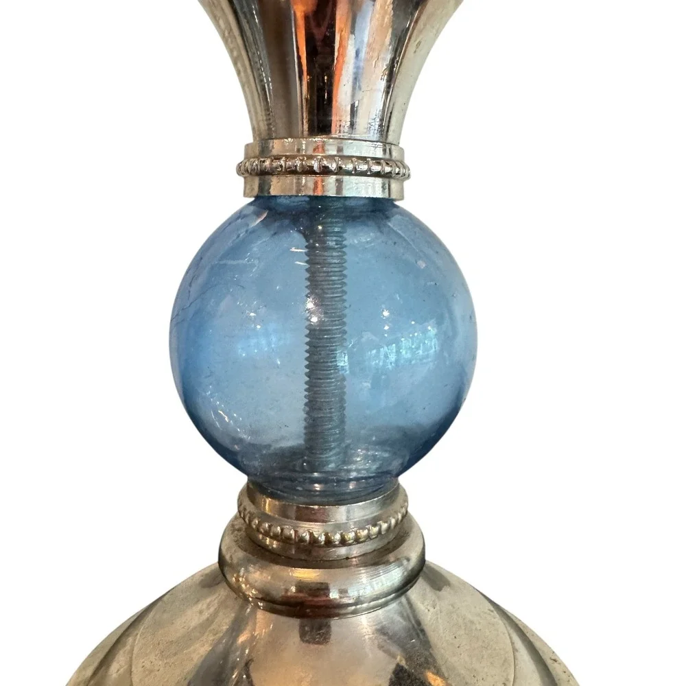 Silver Tone Blue Glass Orb Candlestick Holders Set of 3 Taper Pillar Pedestal
